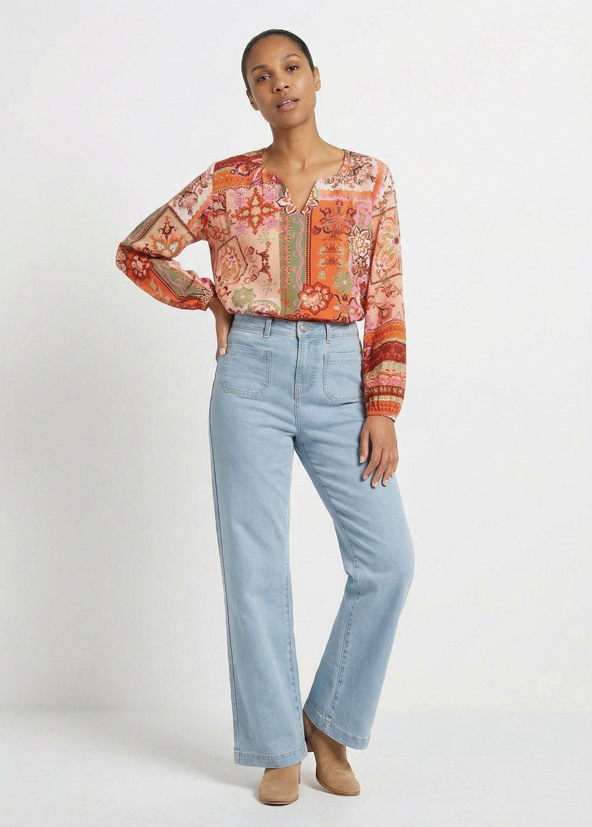 Túnica_larga_con_escote_en_pico_y_voile_estampado_patchwork_Naranja_y_crudo_SF1_slim