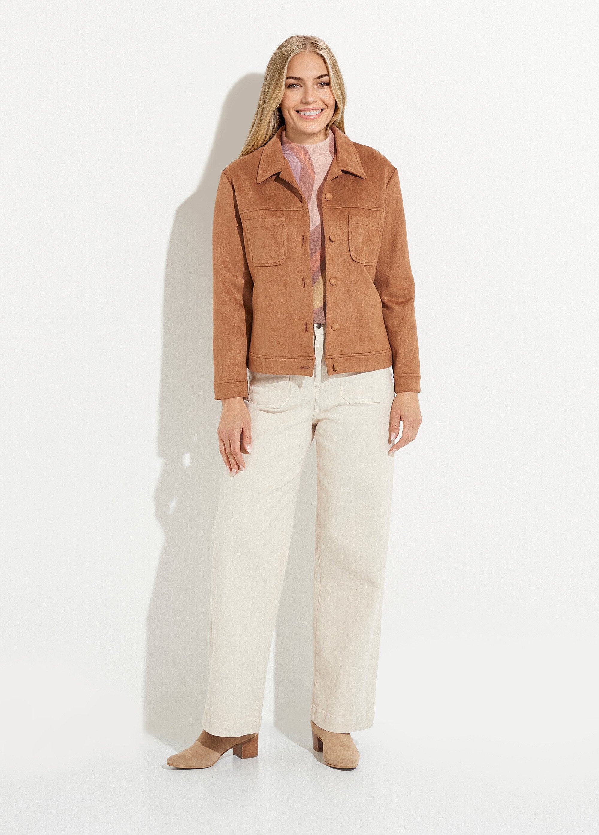 Blouson_boutonné_tissu_suédé_col_cranté_Camel_SF1_slim