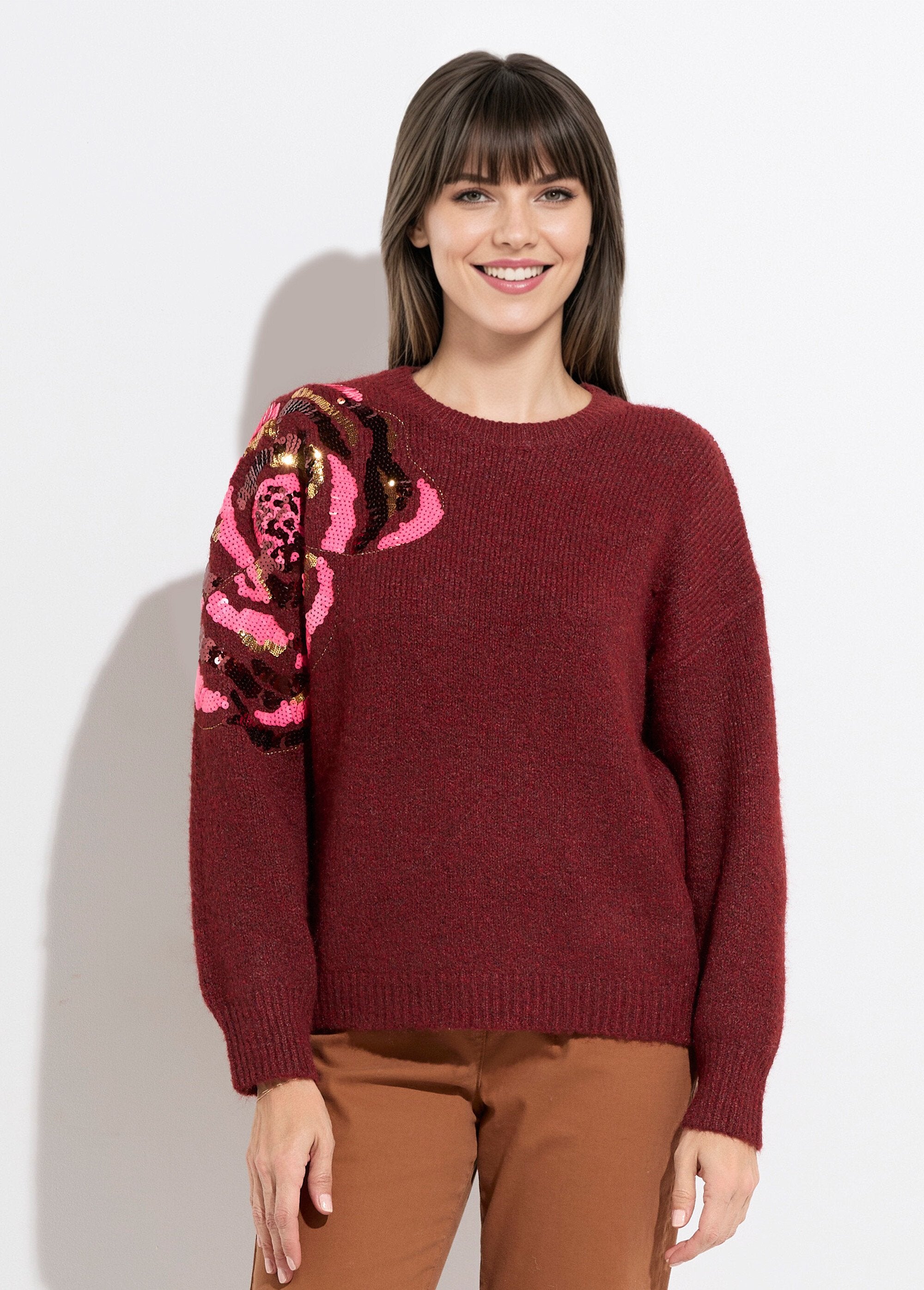 Pull_col_rond,_animation_fleur_sequins_Bordeaux__FA1_slim