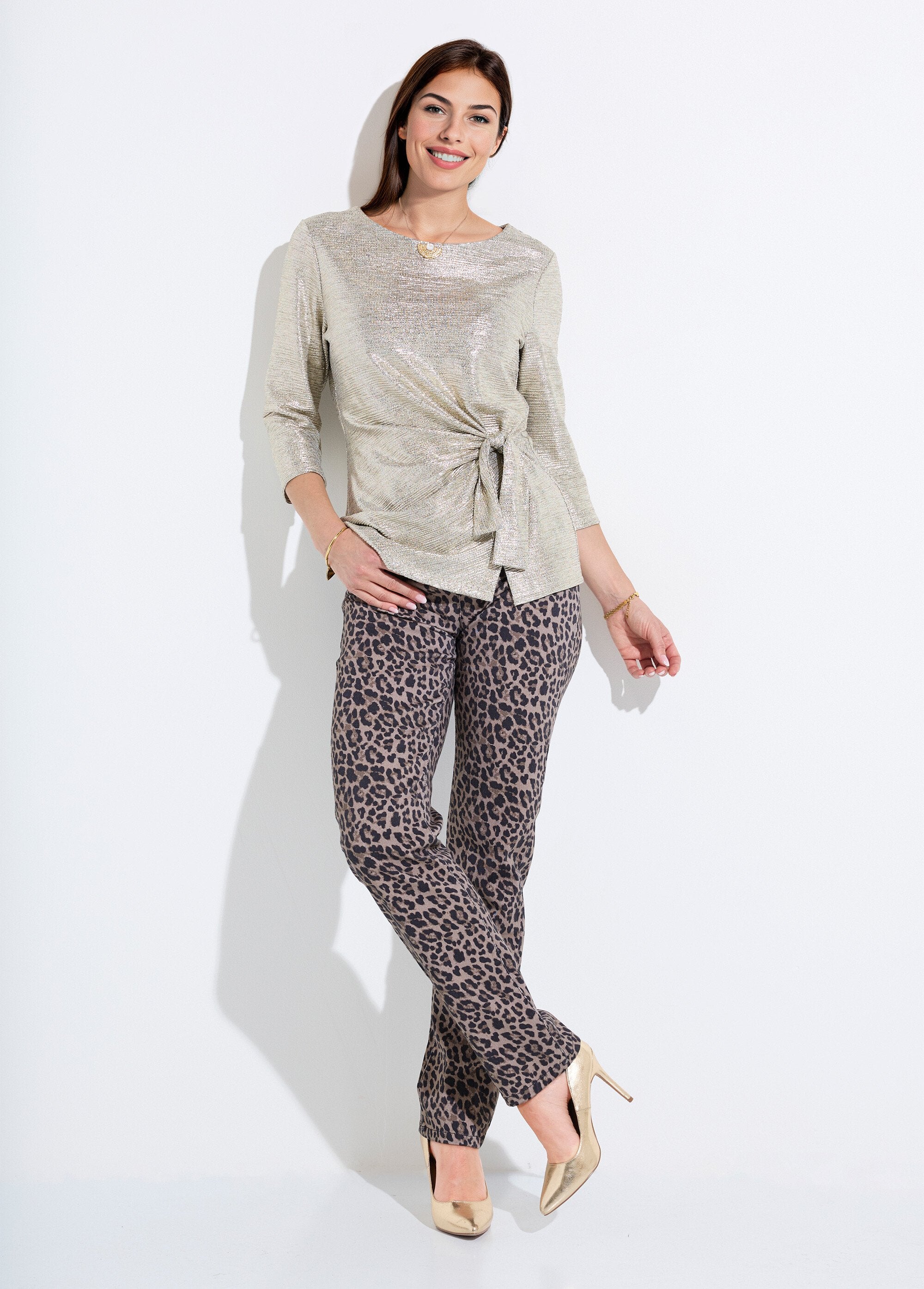 T-shirt_long_doré_effet_noué_manches_3/4_Dore_SF1_slim