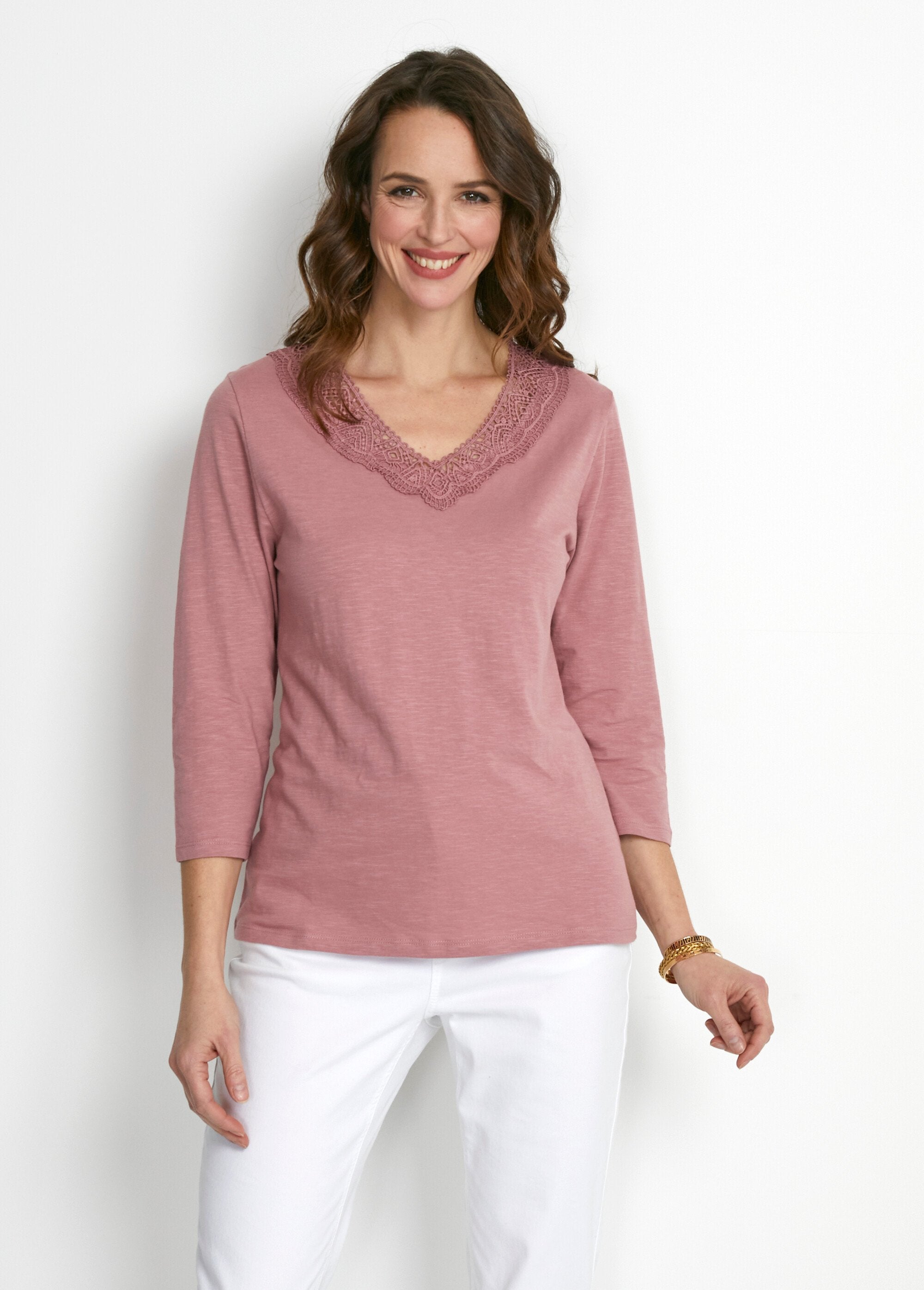 Camiseta_manga_3/4_de_algodón_y_macramé_Rosa_FA1_slim